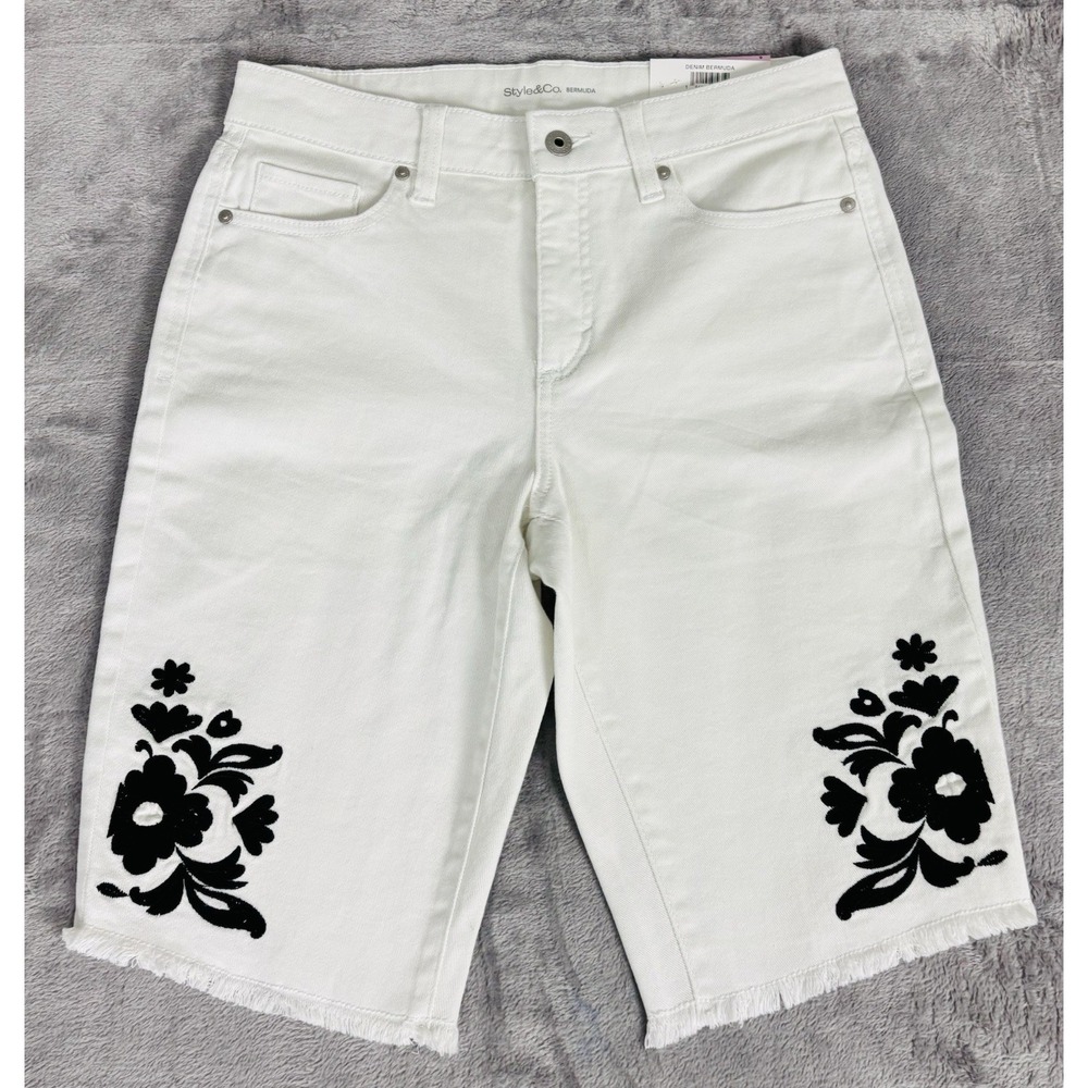 Style & Co White Denim Bermuda Shorts Floral Embroidered Women's Size 6 NWT